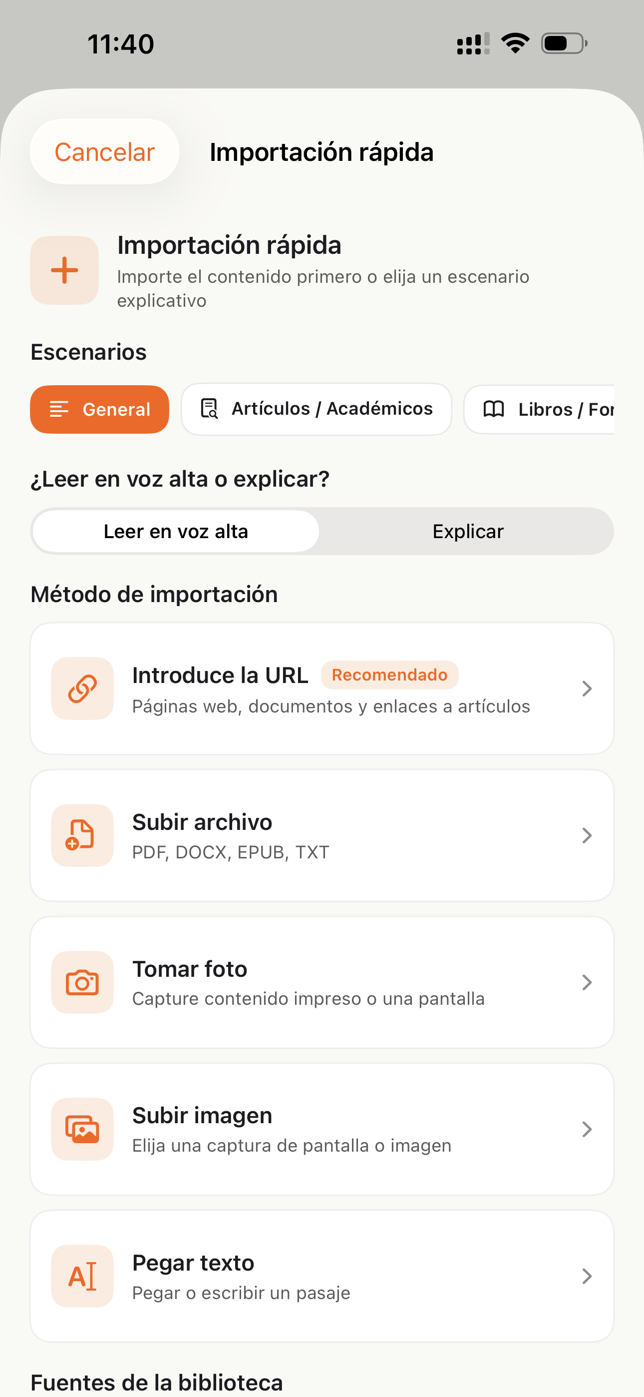 Opciones de CastReader para importar libros, documentos y páginas web