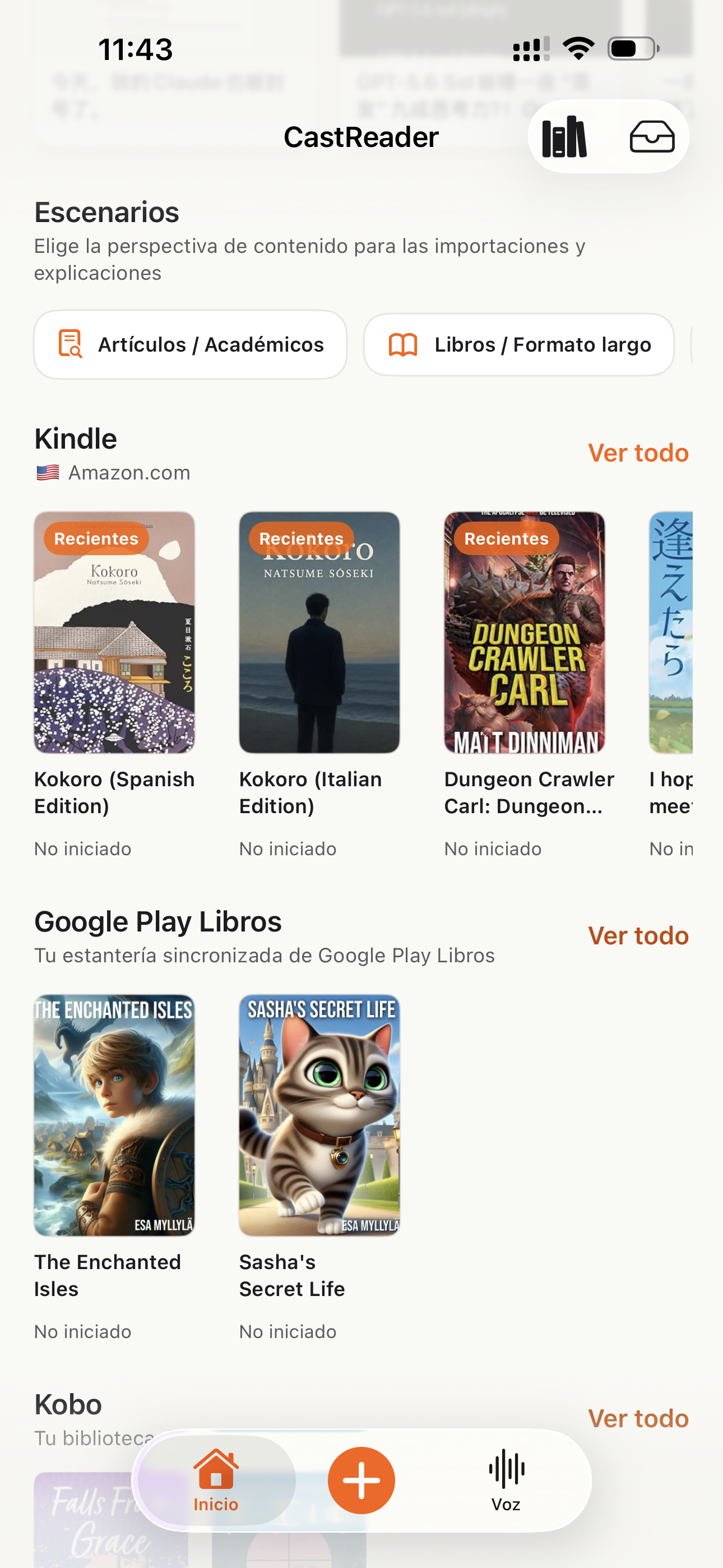 Biblioteca móvil de CastReader con Kindle y fuentes de lectura