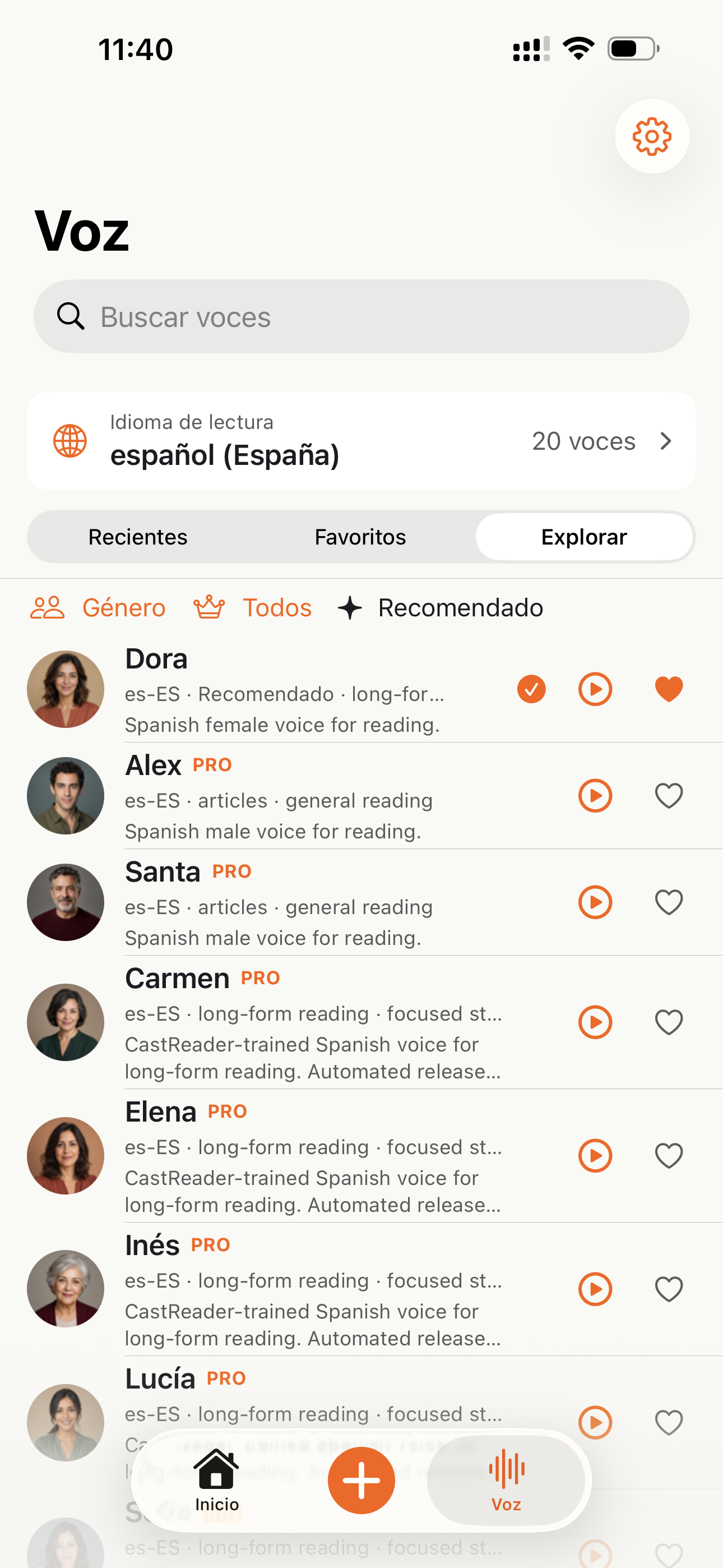 Selección de voces de CastReader para lectura en voz alta